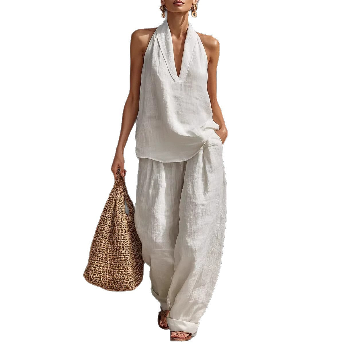 Women's Sleeveless V-Neck Wide Leg Pants Set