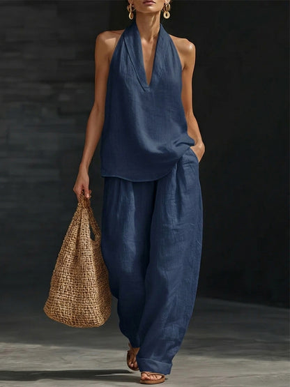 Women's Sleeveless V-Neck Wide Leg Pants Set