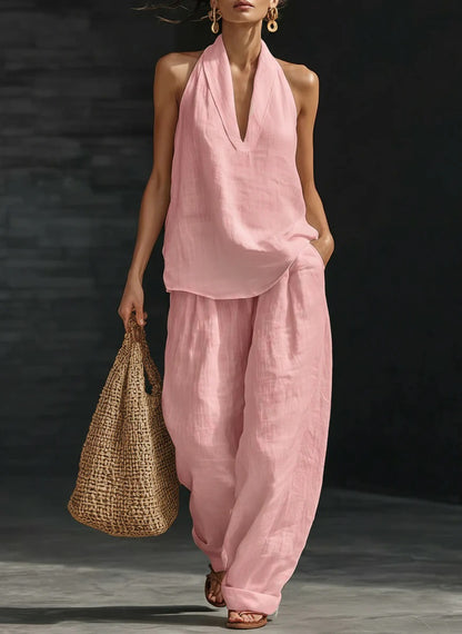 Women's Sleeveless V-Neck Wide Leg Pants Set