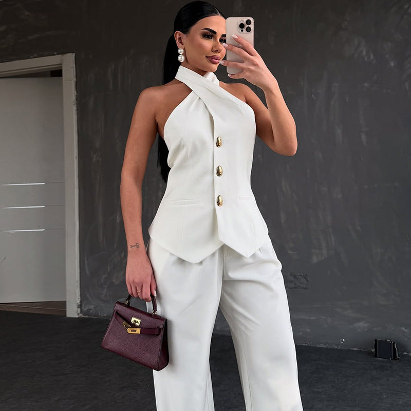Women's Sleeveless Vest and High Waist Trousers Casual Suit