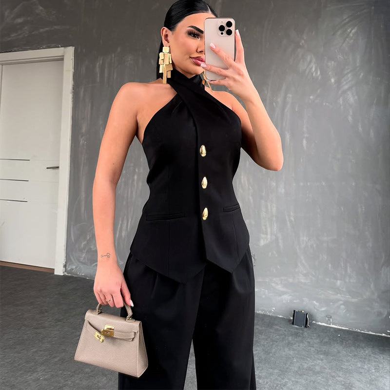 Women's Sleeveless Vest and High Waist Trousers Casual Suit