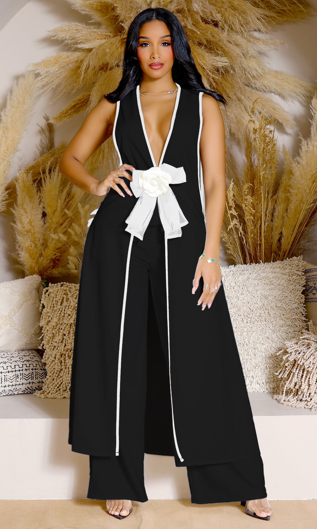 Women's Sleeveless Vest Skirt and Wide Leg Pants Set