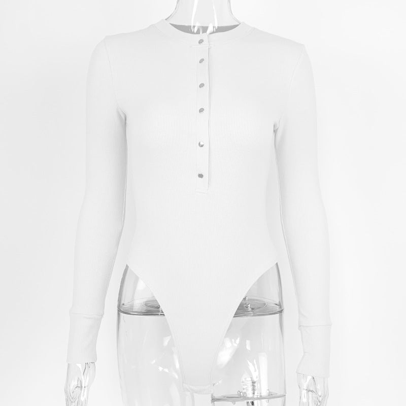 Women's Slim Button Ribbed Long Sleeve Jumpsuit
