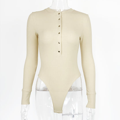 Women's Slim Button Ribbed Long Sleeve Jumpsuit