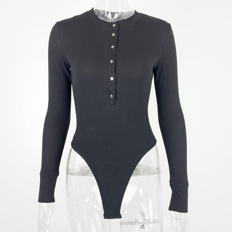 Women's Slim Button Ribbed Long Sleeve Jumpsuit