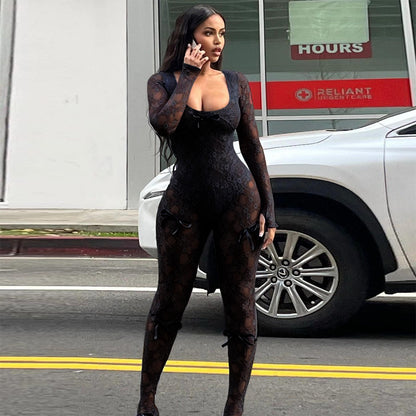 Women's Slim-Fit Lace Long-Sleeve Jumpsuit