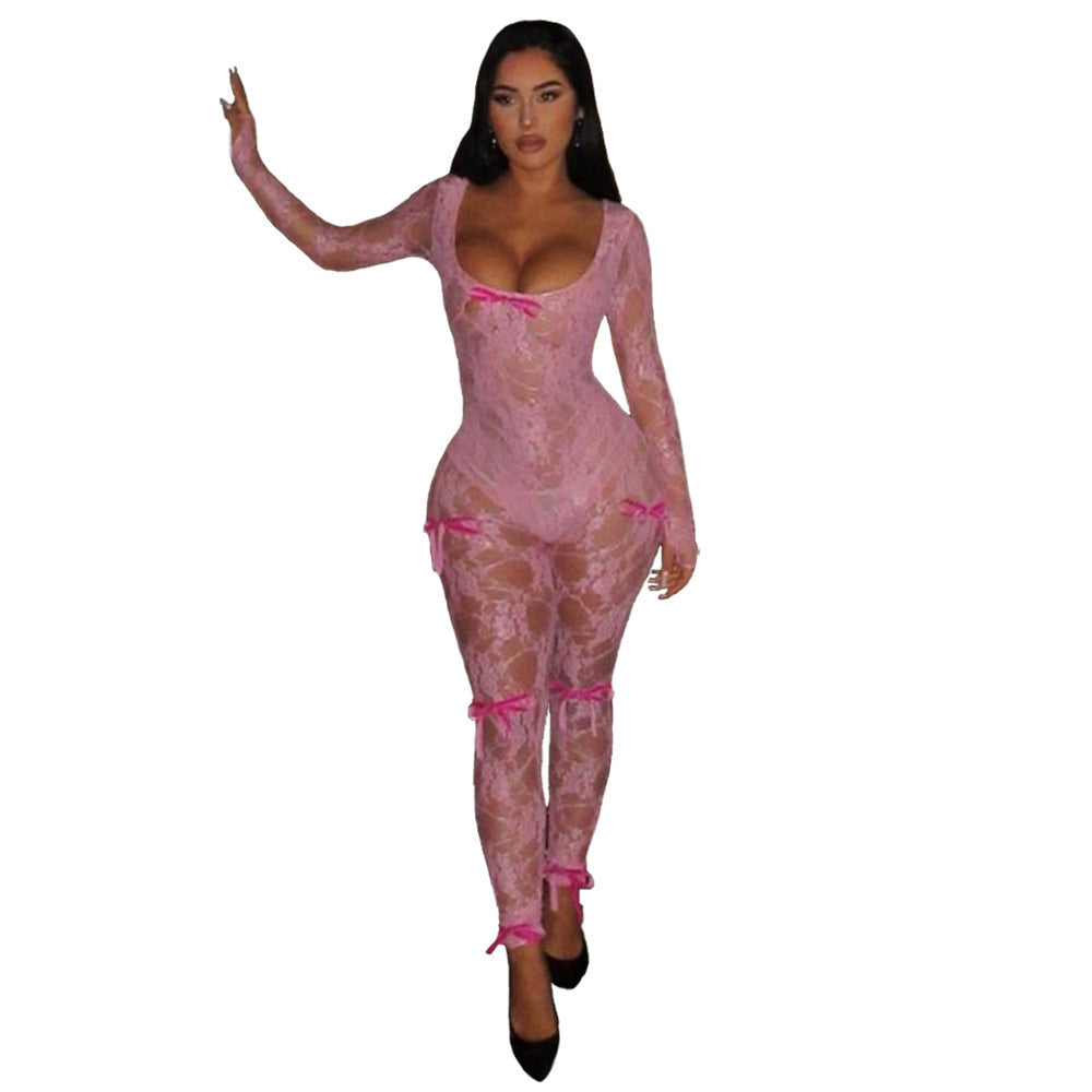 Women's Slim-Fit Lace Long-Sleeve Jumpsuit