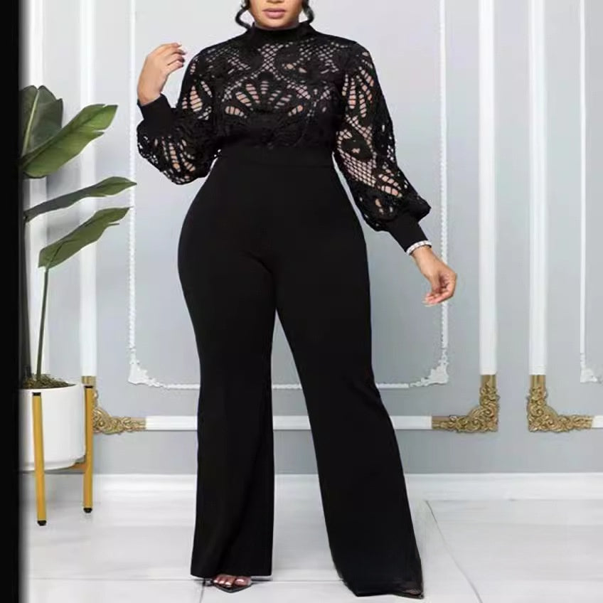 Women's Slim-Fit Lace Trim Casual Jumpsuit
