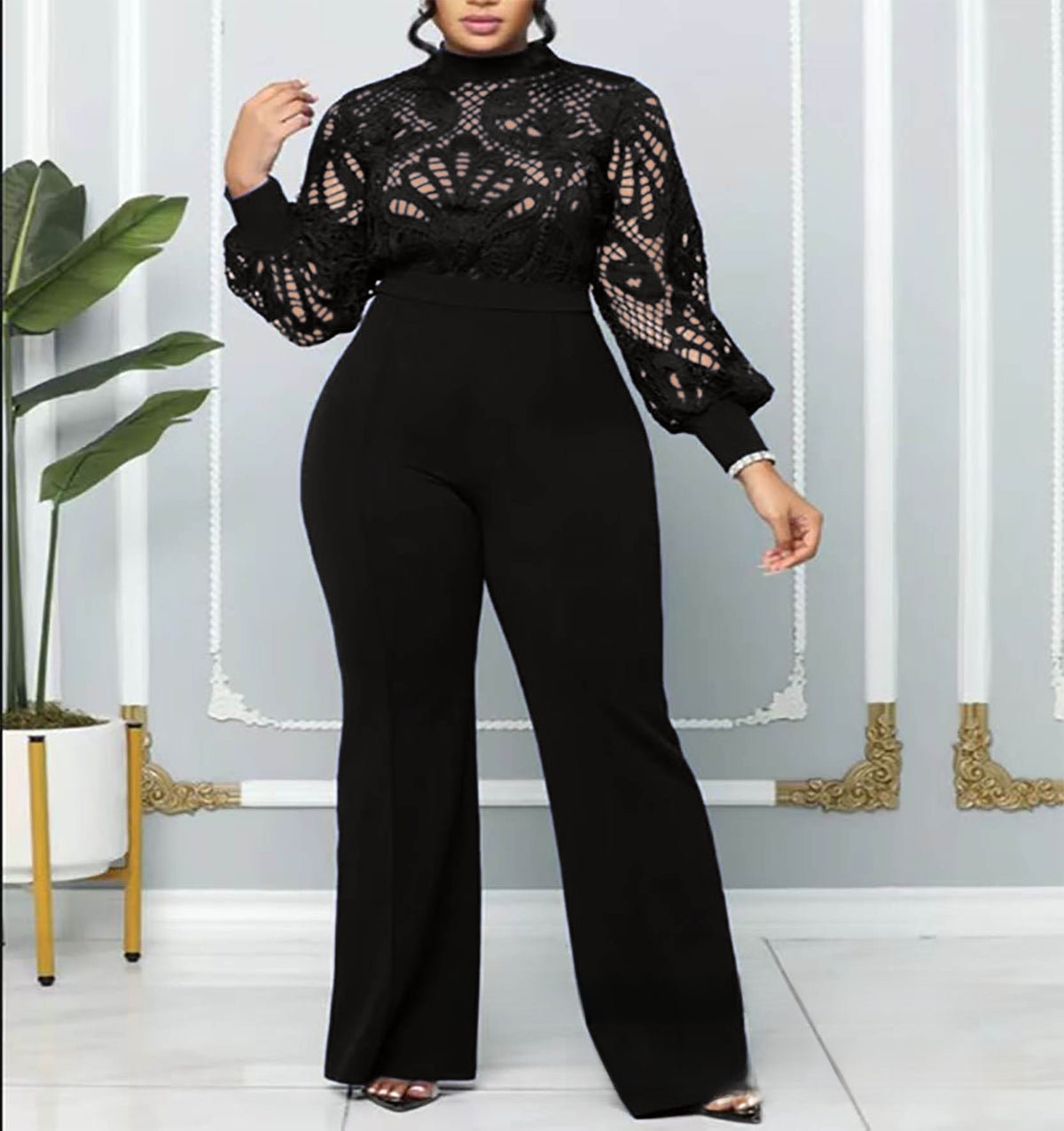 Women's Slim-Fit Lace Trim Casual Jumpsuit