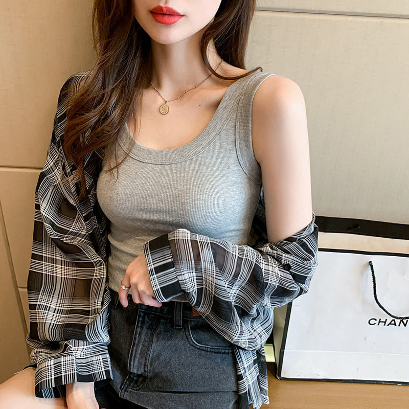 Women's Slim-Fit Threaded Cotton Vest, Summer I-Shaped Anti-Exposure Tank Top