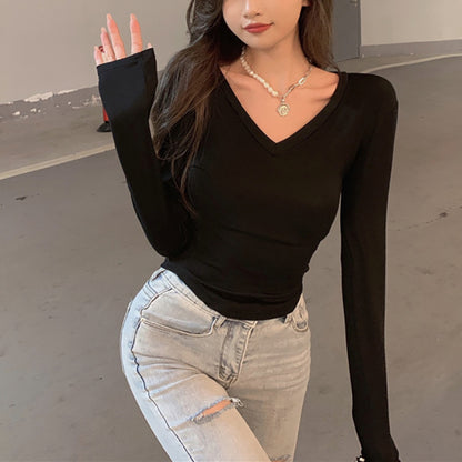 Women's Slim-fit V-neck Long Sleeve Top