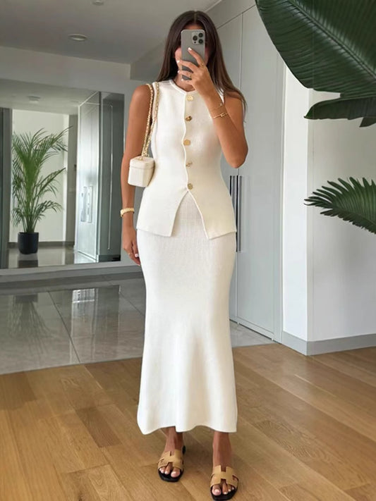 Women's Slim Knitted Vest and Skirt Set