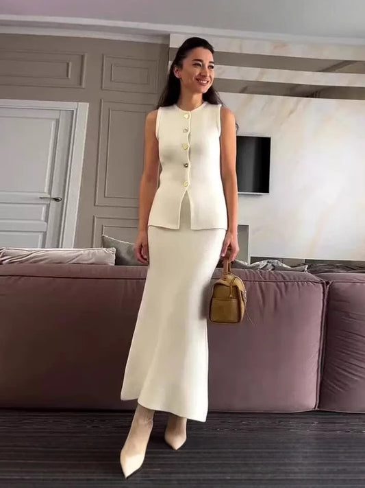 Women's Slim Knitted Vest and Skirt Set
