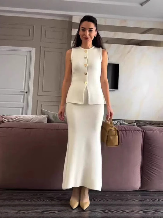 Women's Slim Knitted Vest and Skirt Set