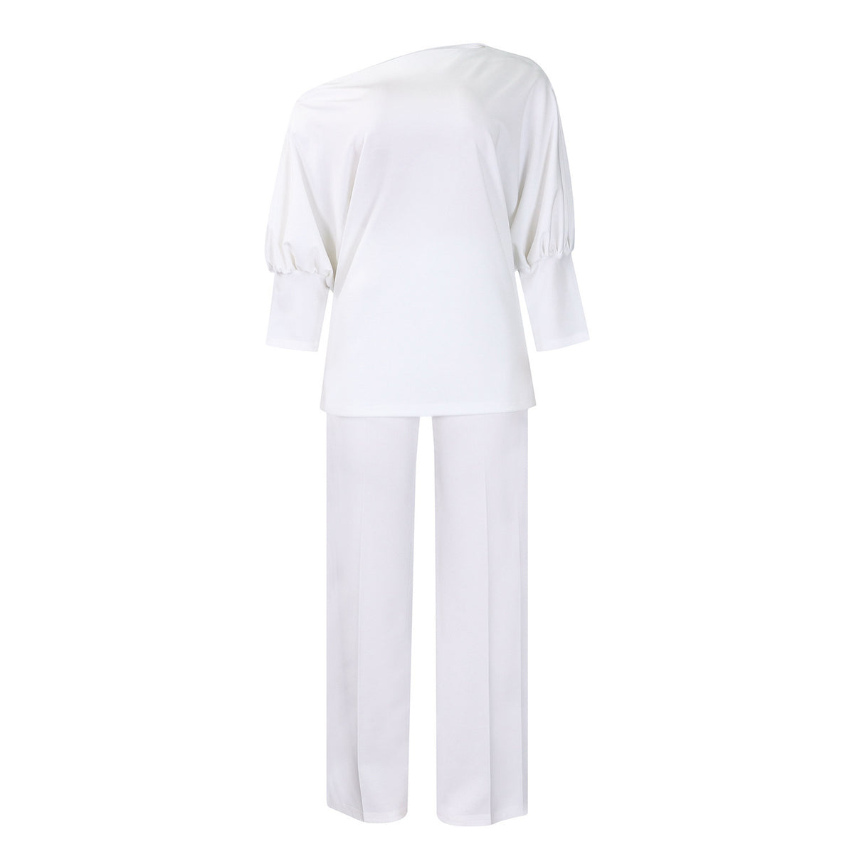Women's Solid Color Asymmetrical Neck Top and Wide Leg Pants Set