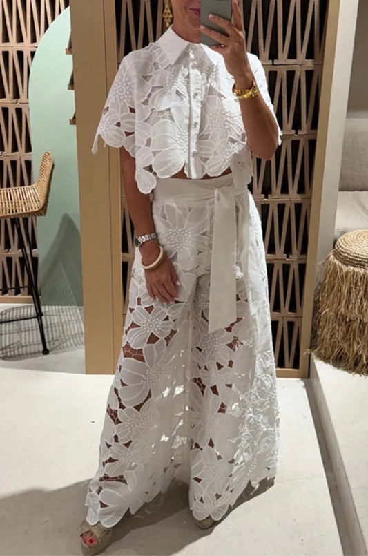 Women's Solid Color Hollow Cardigan and Wide Leg Pants Set