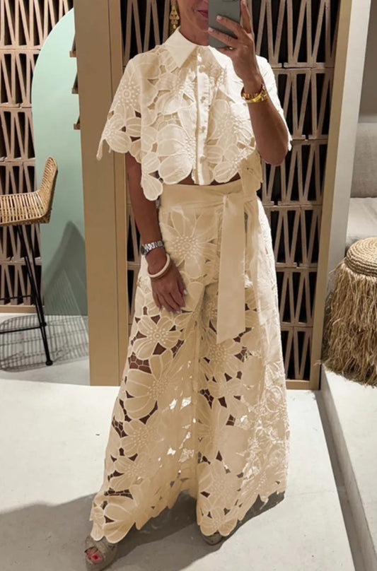 Women's Solid Color Hollow Cardigan and Wide Leg Pants Set