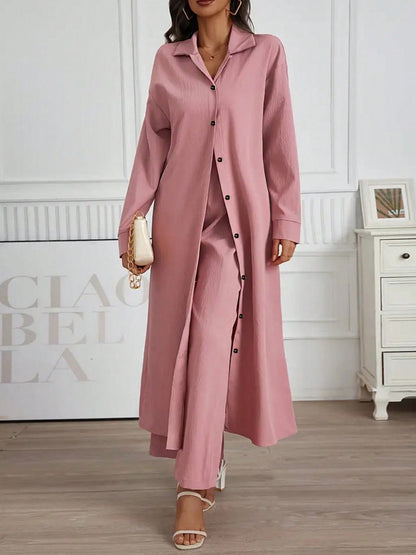 Women's Solid Color Lapel Cardigan and Wide-Leg Pants Set