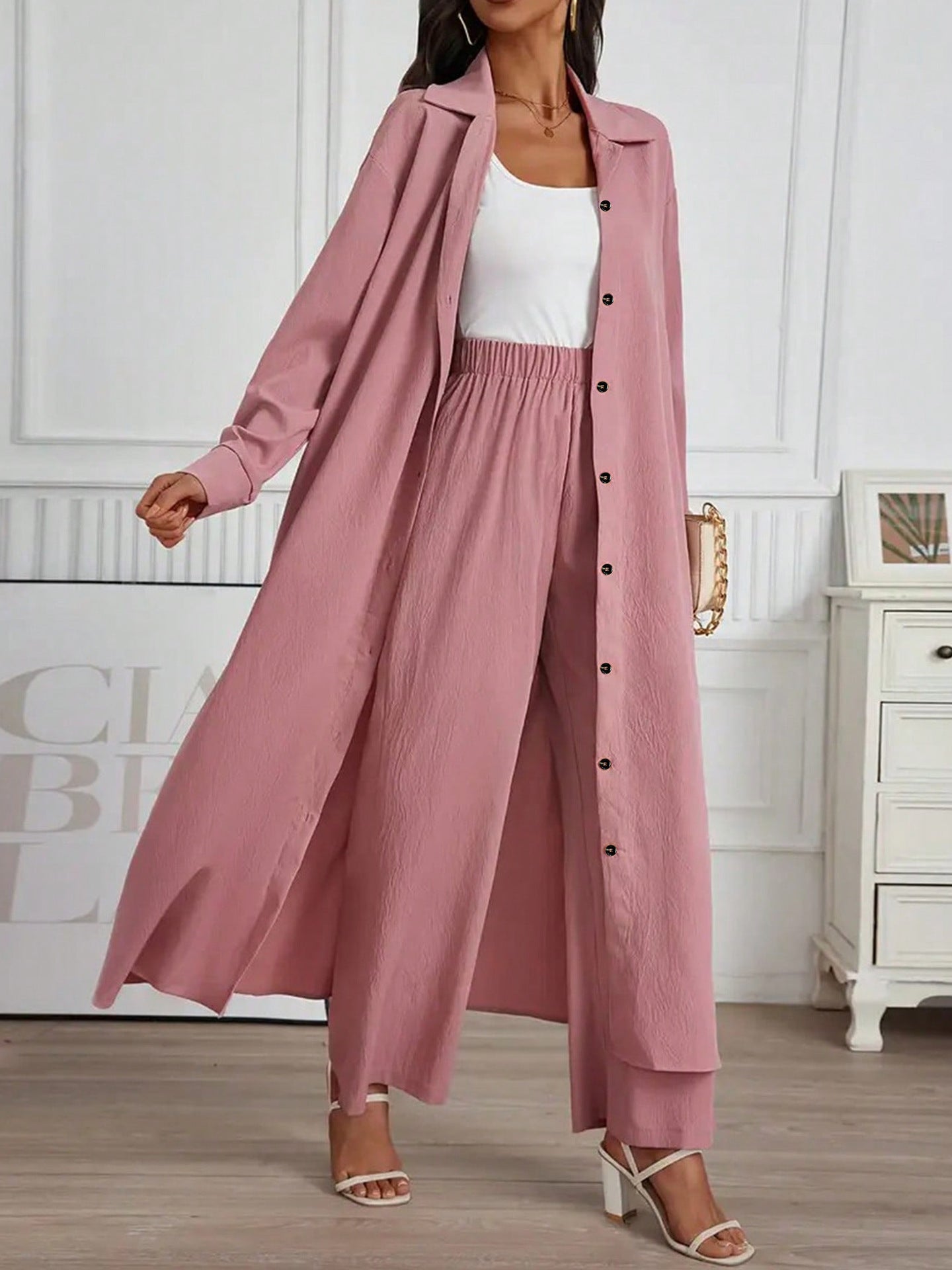 Women's Solid Color Lapel Cardigan and Wide-Leg Pants Set