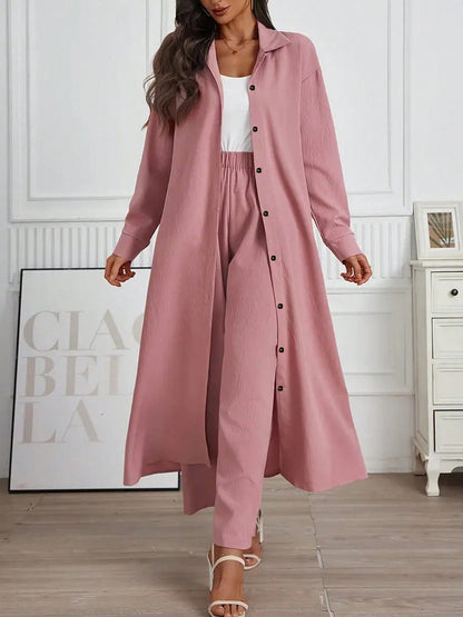 Women's Solid Color Lapel Cardigan and Wide-Leg Pants Set