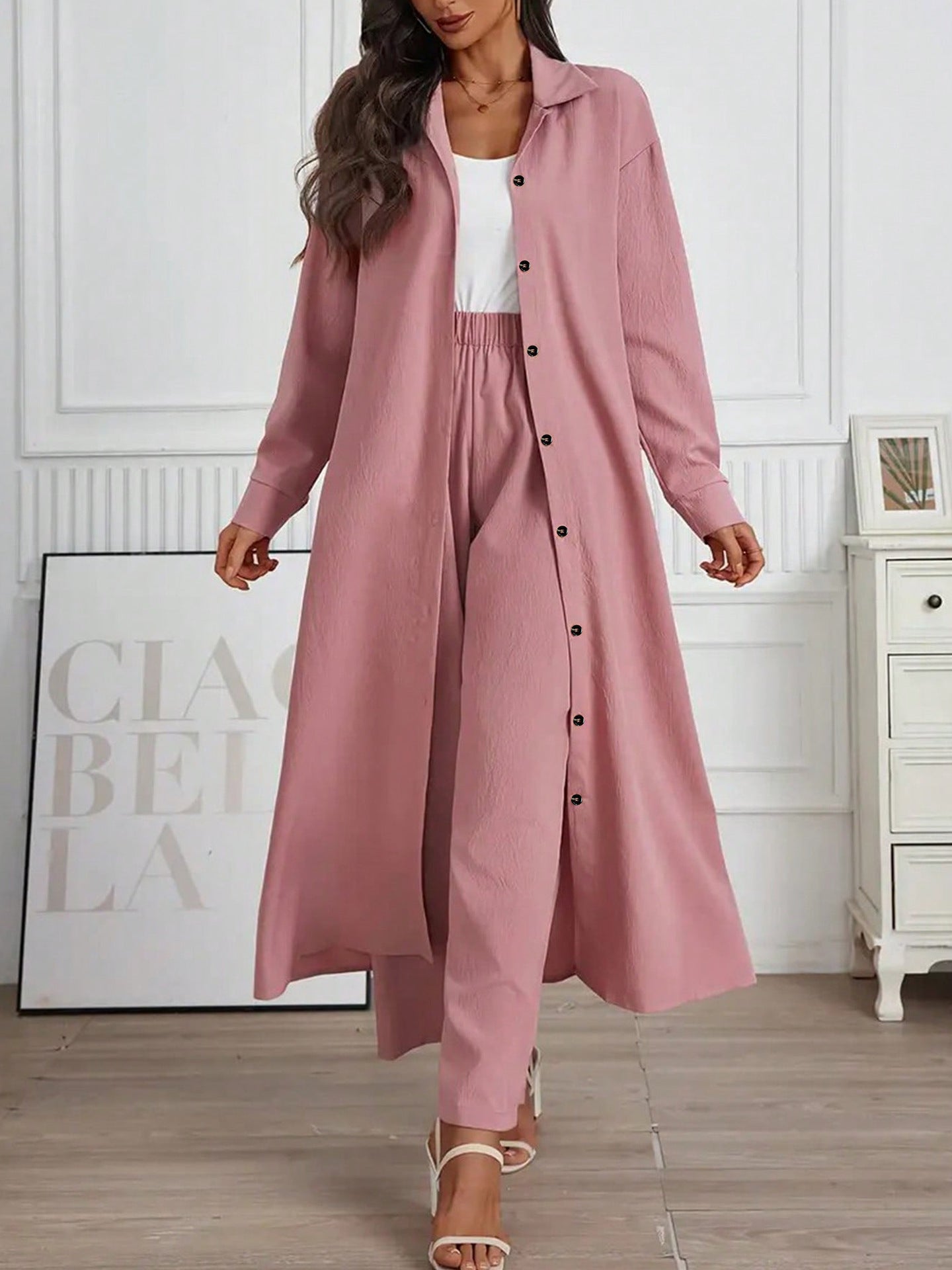 Women's Solid Color Lapel Cardigan and Wide-Leg Pants Set