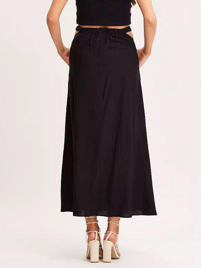 Women's Solid Color Skirt Side Hollow High Waist Elagmatic Long Skirt