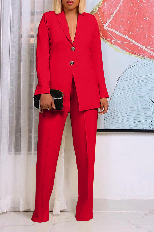 Women's Solid Color Suit Collar Two-Piece Set