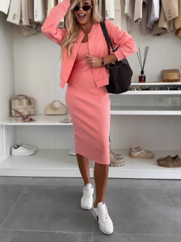 Women's Solid Color Suspenders Shirt and Long Skirt Set