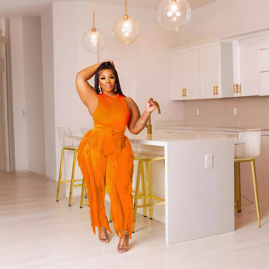 Women's Solid Color Tassel Two-Piece Suit
