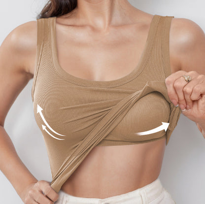 Women's Solid Color U-Neck Sleeveless Vest with Built-in Chest Pad