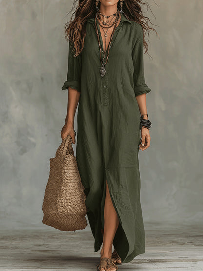 Women's Solid Color V-Neck Long Sleeve Dress