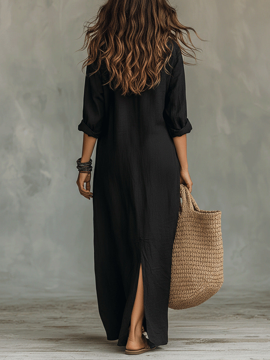 Women's Solid Color V-Neck Long Sleeve Dress