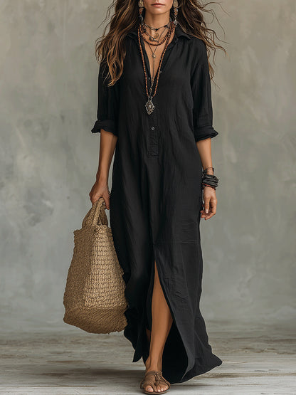 Women's Solid Color V-Neck Long Sleeve Dress