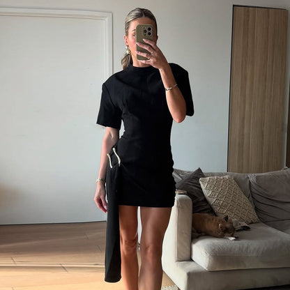 Women's Solid Knit Hooded Dress with Metal Buckle