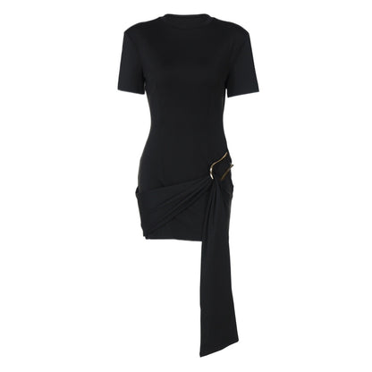 Women's Solid Knit Hooded Dress with Metal Buckle
