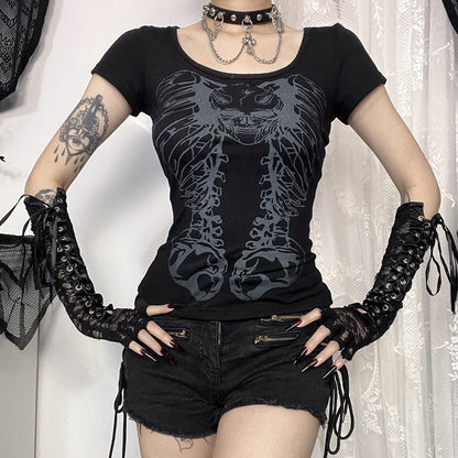 Women's Square Neck Backless Punk Print T-Shirt