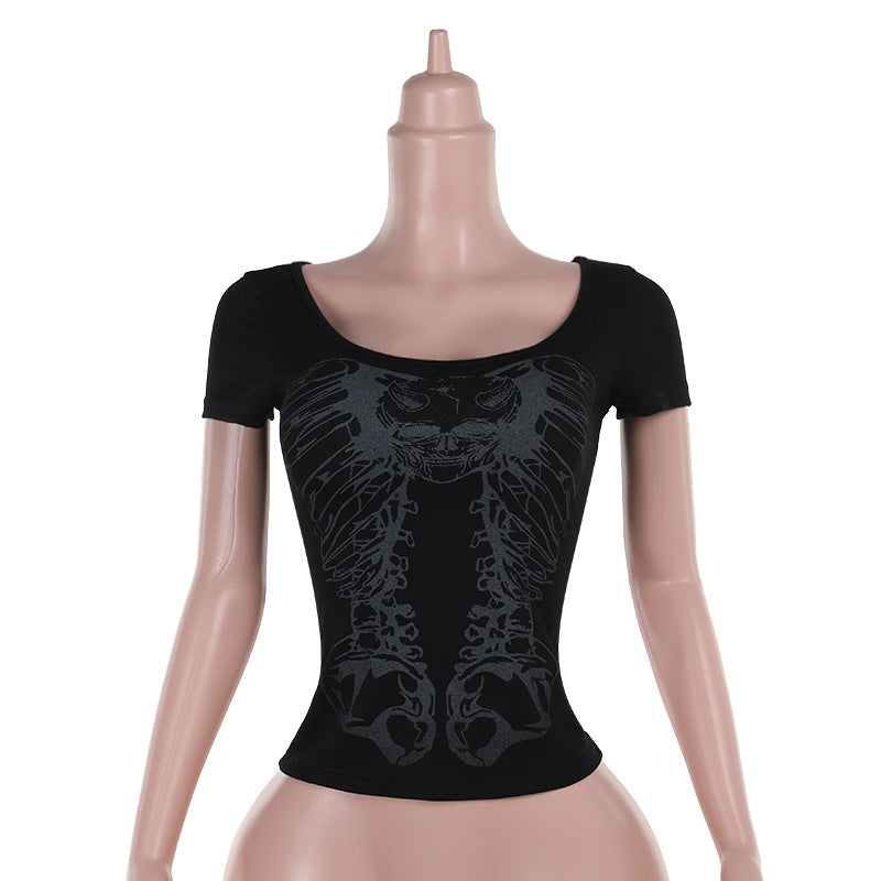 Women's Square Neck Backless Punk Print T-Shirt