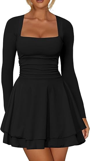 Women's Square Neck Pleated Party Dress