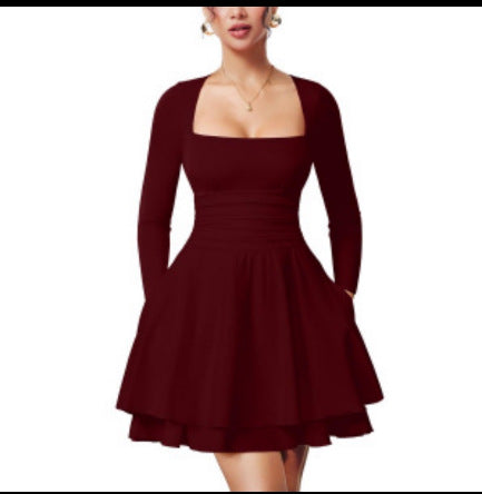 Women's Square Neck Pleated Party Dress