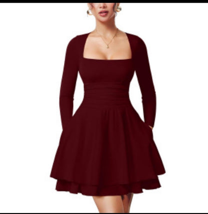 Women's Square Neck Pleated Party Dress
