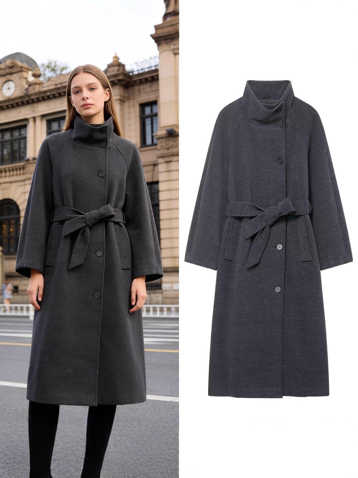 Women's Stand Collar Belted Long Coat