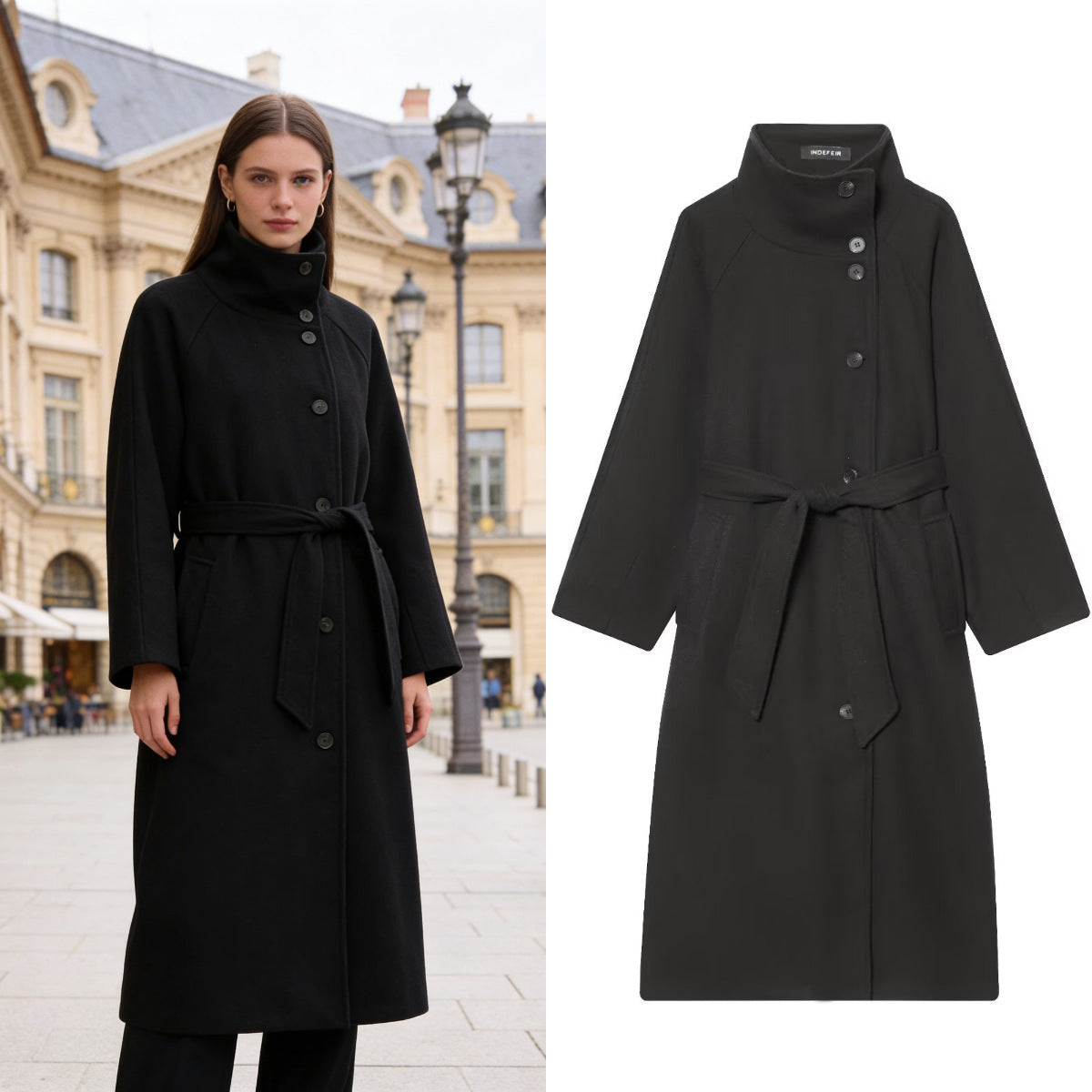 Women's Stand Collar Belted Long Coat
