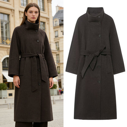 Women's Stand Collar Belted Long Coat