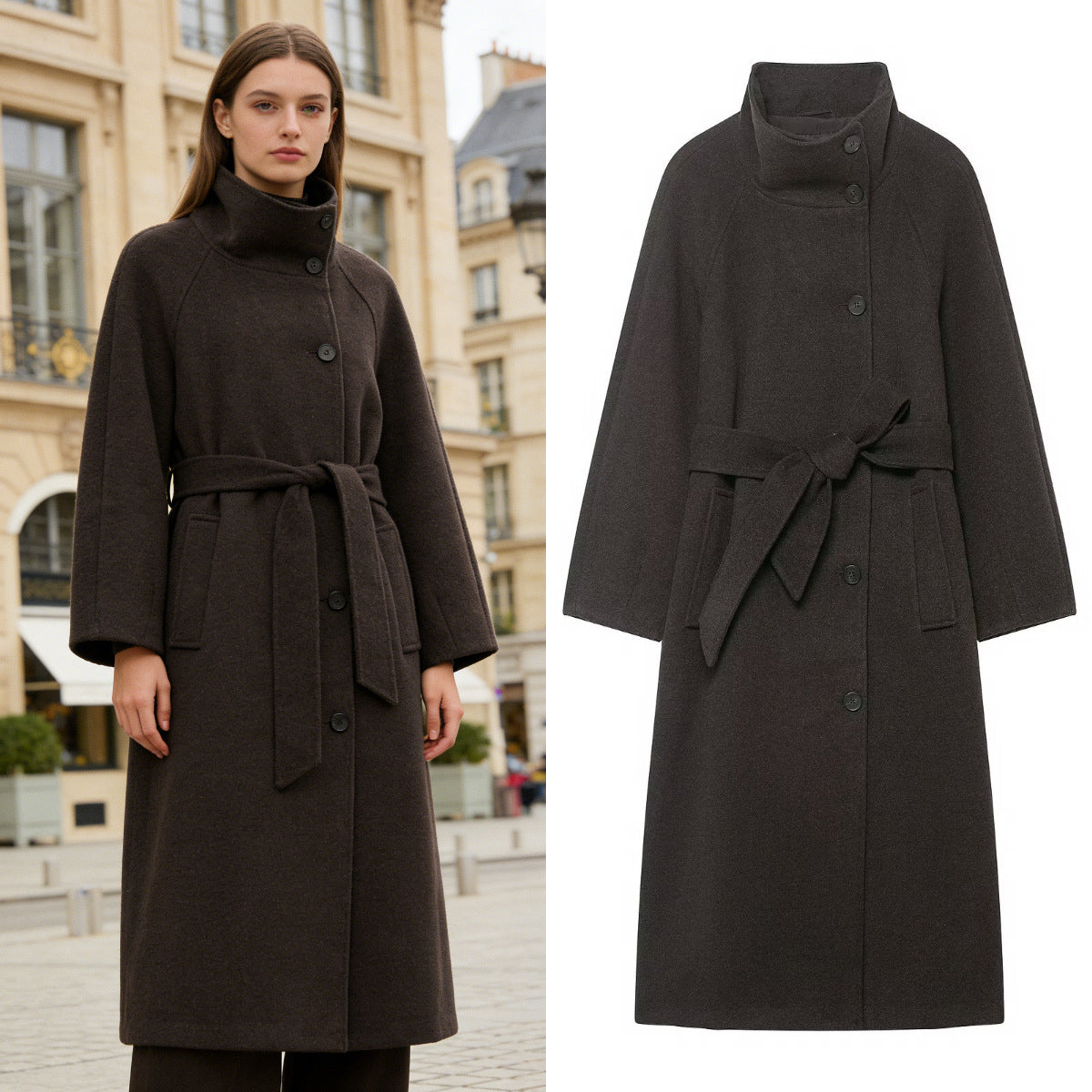 Women's Stand Collar Belted Long Coat
