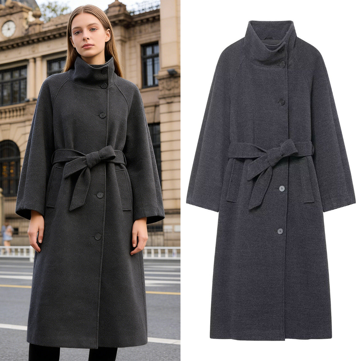 Women's Stand Collar Belted Long Coat
