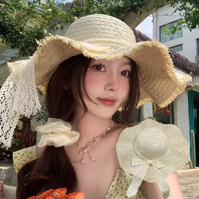 Women's Straw Sun Hat with Lace Trim