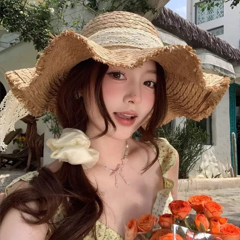 Women's Straw Sun Hat with Lace Trim