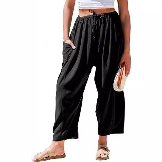 Women's stretched-waist pleated high-waisted wide-leg pants