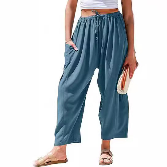 Women's stretched-waist pleated high-waisted wide-leg pants