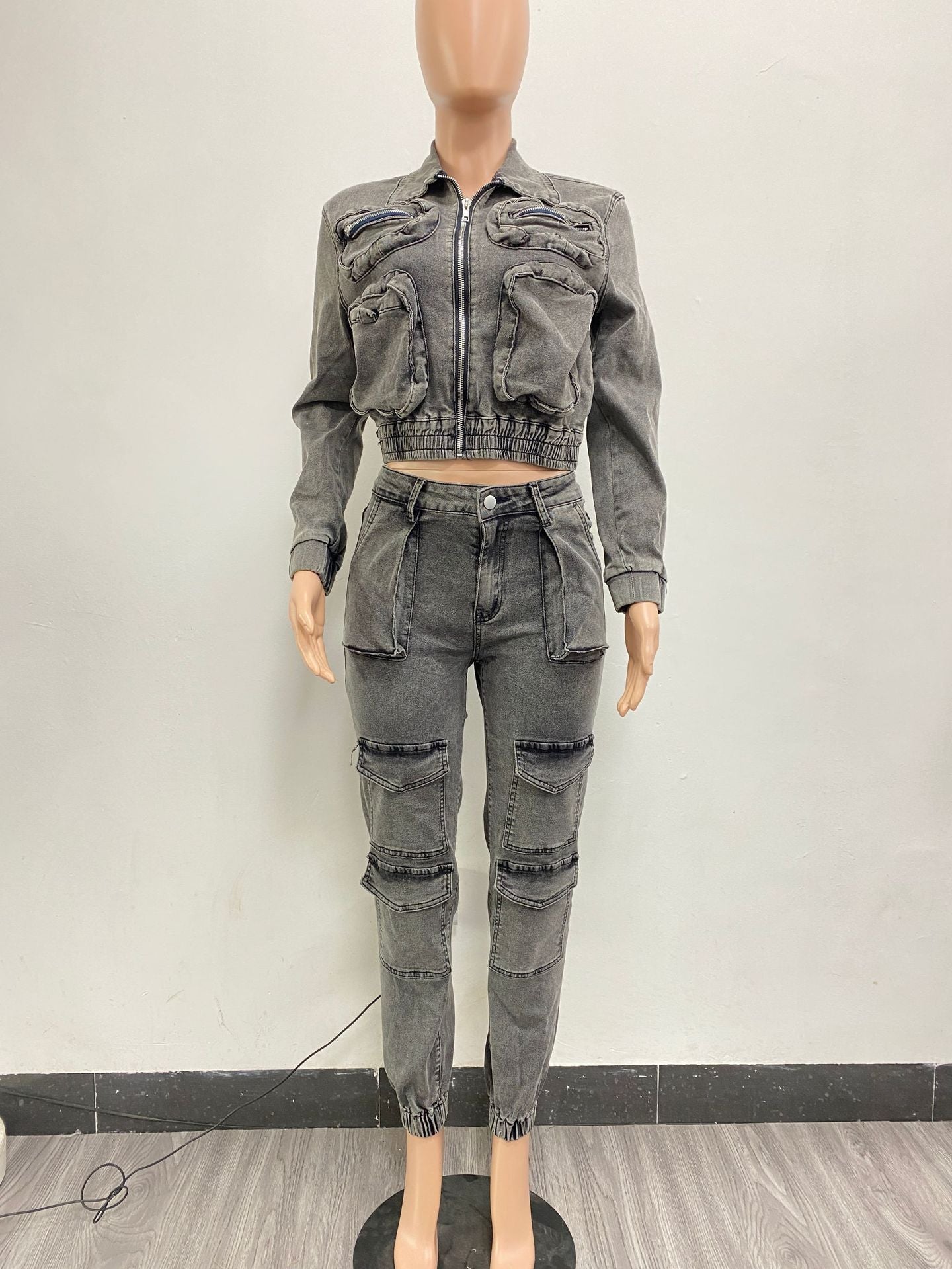 Women's Stretchy Washed Denim Two-Piece Set